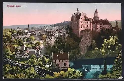 AK Sigmaringen, Teilansicht mit Bahnbrücke aus der Vogelschau