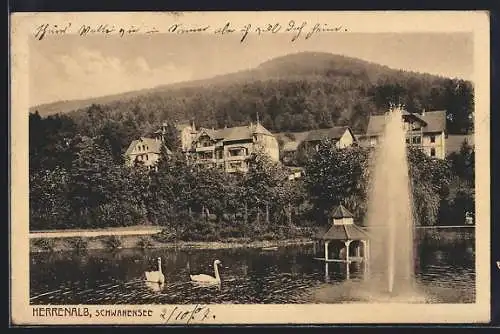 AK Herrenalb, Schwanensee mit Springbrunnen u. Gebäuden