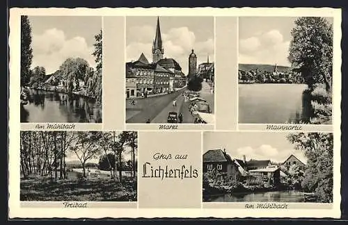 AK Lichtenfels / Main, Partie am Mühlbach, Markt und Freibad