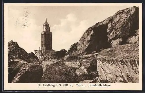 AK Feldberg / Taunus, Grosser Feldberg, Turm und Brunhildisfelsen