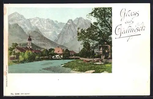 AK Garmisch, Ortsansicht mit Fluss