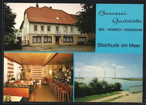 AK Steinhude am Meer, Die Brauerei-Gaststätte Heinrich Heidemann mit Innenansicht, Braustrasse 14