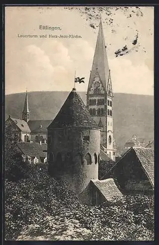 AK Ettlingen, Lauerturm und Herz-Jesu-Kirche