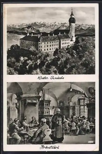 AK Andechs, Kloster Andechs, Bräustüberl, Innenansicht