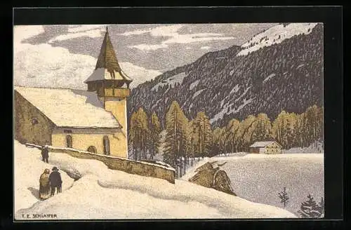 Künstler-AK Ernst E. Schlatter: Kirche im Winter