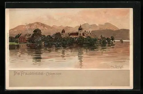 Künstler-AK Otto Strützel: Fraueninsel / Chiemsee, Ortsansicht mit Kirche am Seeufer