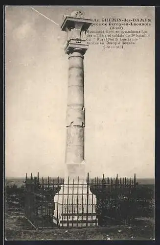 AK Cerny-en-Laonnois, Monument du I. bataillon du Royal North Lancashire