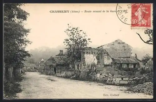 AK Chassemy /Aisne, Route venant de la Gare de Ciry