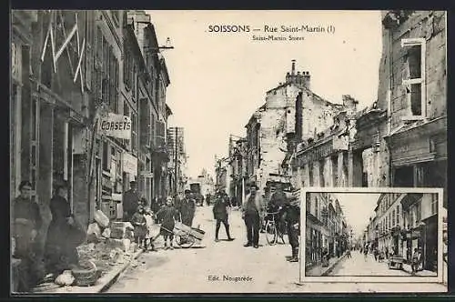 AK Soissons, Rue Saint-Martin, zerstörte Häuser