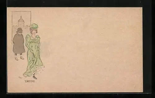 Künstler-AK sign. Louis Morin: Empire, Mann folgt einer Frau im grünen Kleid