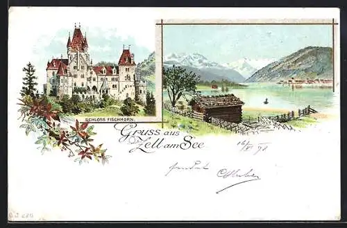 Lithographie Zell am See, Partie am See m. Holzbaude, Schloss Fischhorn