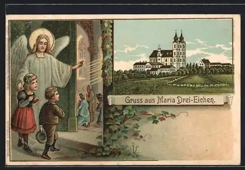 Lithographie Maria Drei-Eichen, Engel führt zwei Kinder in die Kirche, Ortsansicht