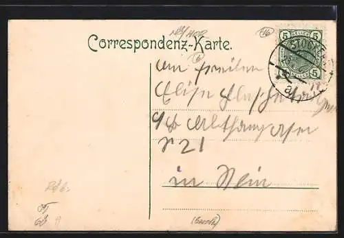 Lithographie Maria Drei-Eichen, Engel führt zwei Kinder in die Kirche, Ortsansicht