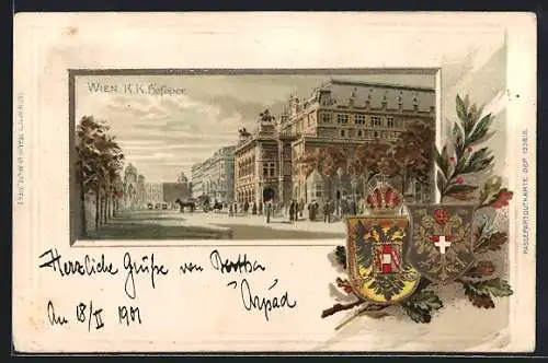 Lithographie Wien, K. K. Hofoper, Eckfassade, Wappen