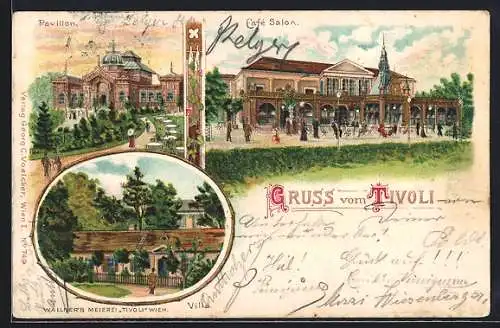 Lithographie Wien, Tivoli mit Pavillon, Café Salon und Villa