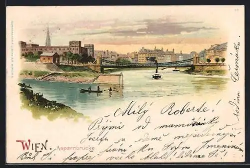 Lithographie Wien, Panorama mit Aspernbrücke