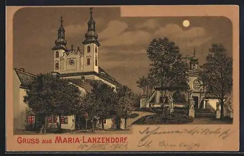 Mondschein-Lithographie Maria-Lanzendorf, Partie an der Kirche