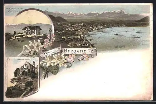 Lithographie Bregenz a. B., Pfänderspitze mit Hotel Pfänder, Ortsansicht mit See und Bergpanorama