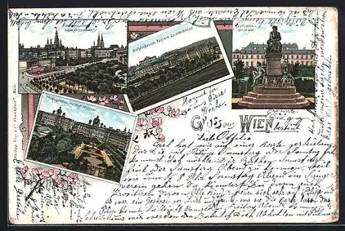 Lithographie Wien, Franzensring, Kaiserl. Lustschloss in Schönbrunn, Beethoven-Denkmal, Volksgarten mit Hof-Museum