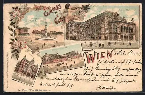 Lithographie Wien, K. k. Hof-Oper, Praterstern mit Tegetthoff-Monument, Reichsratsgebäude, Stiftungshaus