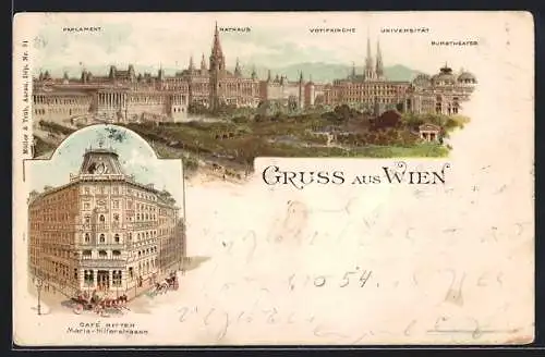 Lithographie Wien, Cafe Ritter, Maria-Hilferstrasse, Panorama mit Parlament, Rathaus und Universität