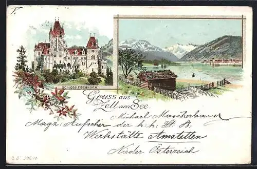 Lithographie Zell am See, Partie am See m. Holzbaude, Schloss Fischhorn