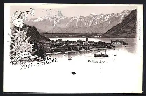 Lithographie Zell am See, Teilansicht mit dem See und Bergen