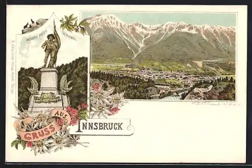 Lithographie Innsbruck, Andreas Hofer Denkmal, Ortsansicht