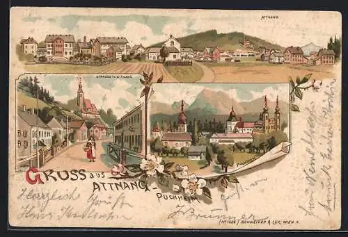 Lithographie Attnang-Puchheim, Strasse in Attnang, Blick auf Puchheim