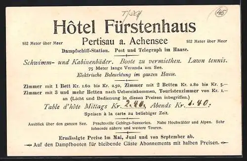 Lithographie Pertisau, Ortsansicht, Hotel Fürstenhaus, Dampfer St. Benedict