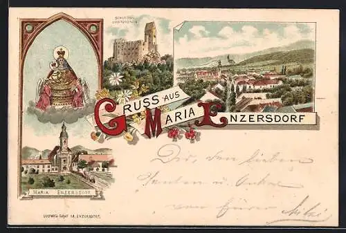 Künstler-AK Maria Enzersdorf, Wallfahrtskirche, Schloss Liechtenstein, Teilansicht