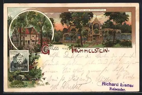 Lithographie Hummelstein, Haupthalle und Parkpartie, Restauration und Saal