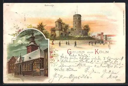 Lithographie Köln / Rhein, Ursulakirche und Bottmühle