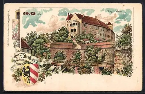 Lithographie Nürnberg, Burg von Westen mit Stadtwappen