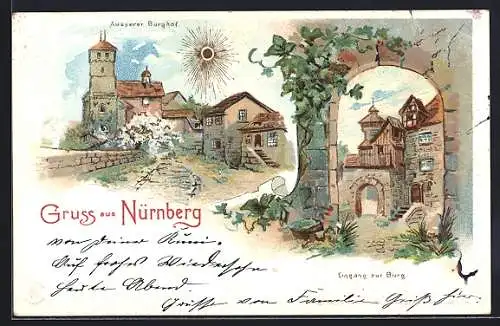 Lithographie Nürnberg, Äusserer Burghof, Eingang zur Burg