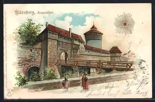 Sonnenschein-Lithographie Nürnberg, Frauenthor mit Spaziergängern, goldene Sonne