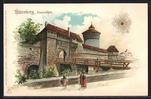 Sonnenschein-Lithographie Nürnberg, Frauenthor mit Brücke und Spaziergängern, goldene Sonne