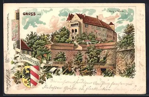 Lithographie Nürnberg, Blick auf die Burg von Westen aus, Wappen