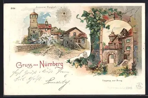 Sonnenschein-Lithographie Nürnberg, Äusserer Burghof, Eingang zur Burg, goldene Sonne