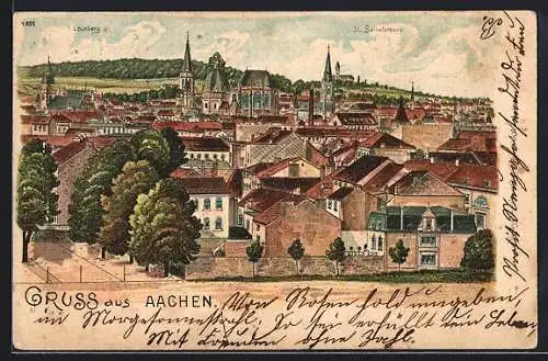 Lithographie Aachen, Ortsansicht mit St. Salvatorberg u. Lousberg