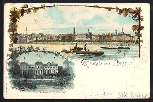 Lithographie Bonn, Totalansicht mit Schloss Poppelsdorf