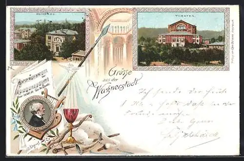 Lithographie Bayreuth, Wahnfried, Theater