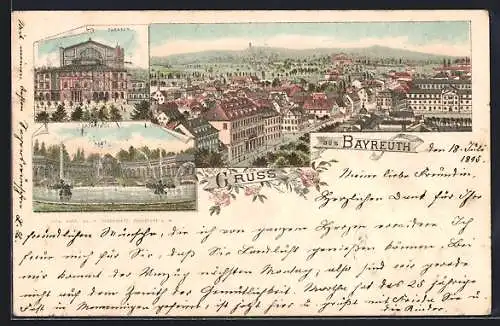 Lithographie Bayreuth, Theater, Eremitage und Stadtansicht
