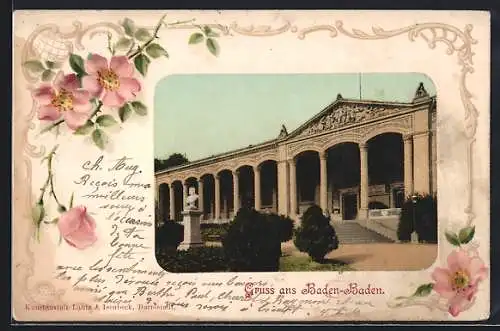 Lithographie Baden-Baden, Trinkhalle mit Statue und Anlagen, Rosen