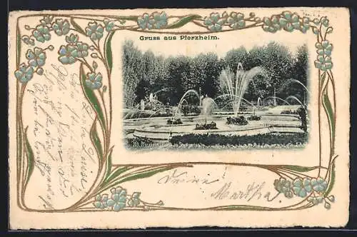 Lithographie Pforzheim, Springbrunnen in einer Parkanlage, Blumen-Ornamente