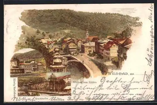 Lithographie Wildbad / Schwarzwald, Ortsansicht von Süden, König Karlsbad und Trinkhalle