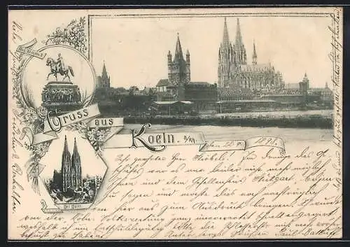 AK Köln, Reiterdenkmal Friedrich Wilhelm II., Dom, Rhein-Panorama