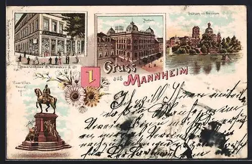 Lithographie Mannheim, Waarenhaus Wronker & Co., Postamt, Stadtpark mit Sternwarte, Wappen