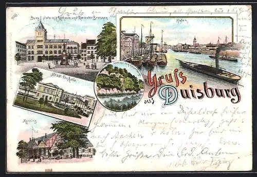 Lithographie Duisburg, Monning, Burgplatz mit Rathaus und Mercator-Brunnen, Hafen