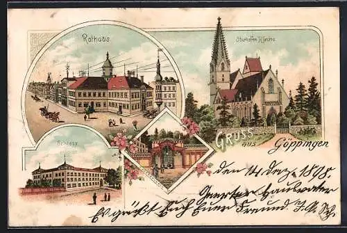 Lithographie Göppingen, Oberhofen Kirche, Rathaus, Schloss